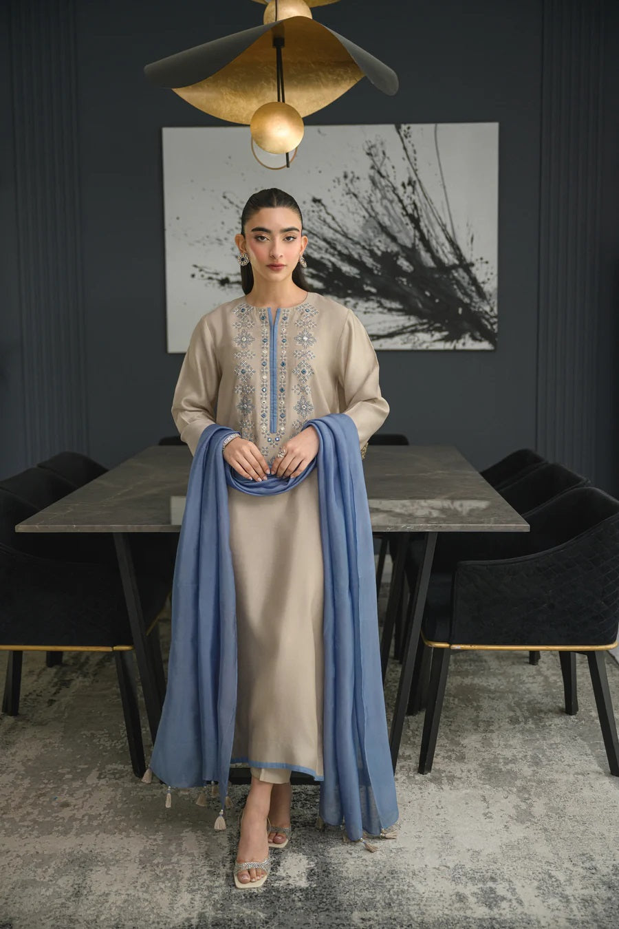 Grey Embroidered Straight Kurta Suit Set for Women