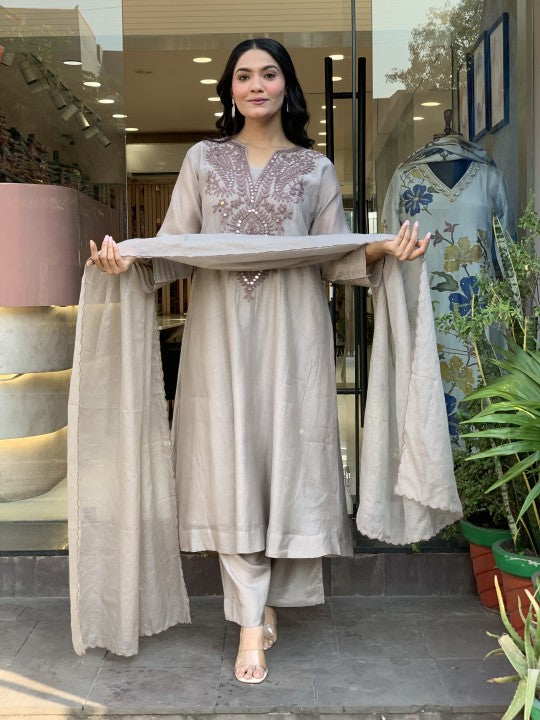 Gery Embroidered Silk Anarkali Kurta With Dupatta Set For Women