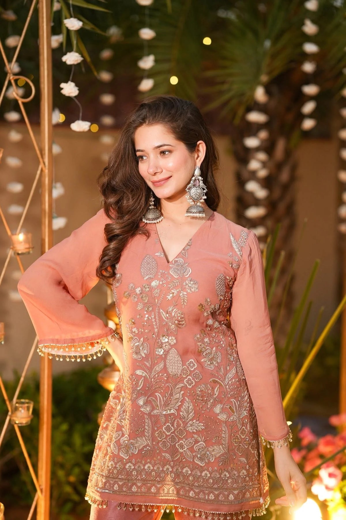 Peach Embroidered Art Silk Kurta with Pant