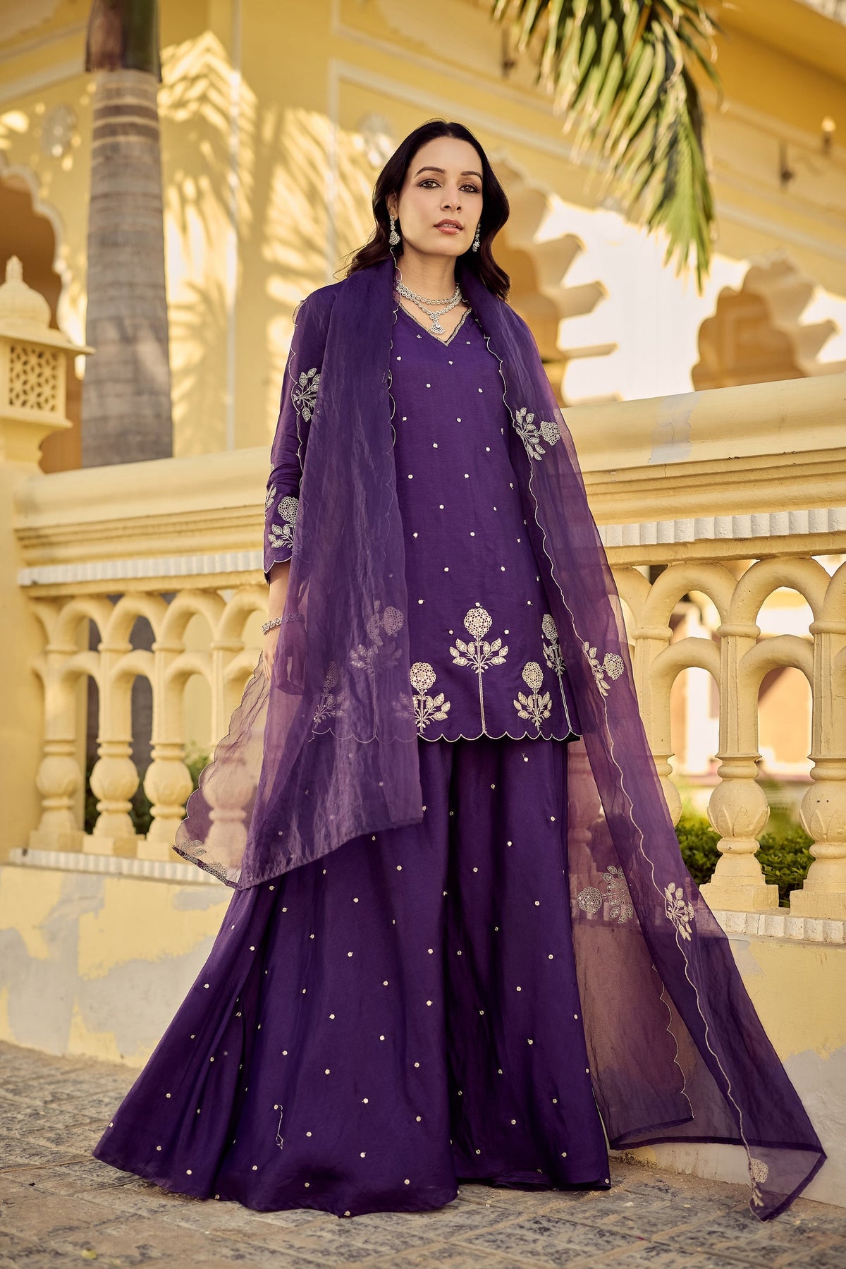 Gulabo Wine Embroidered Peplum Sharara Set with Dupatta for Women