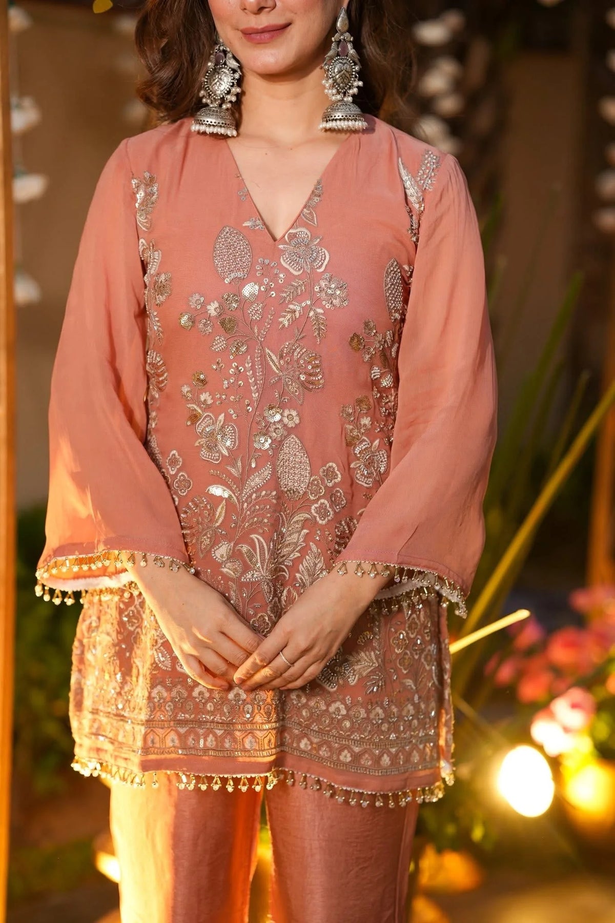 Peach Embroidered Art Silk Kurta with Pant