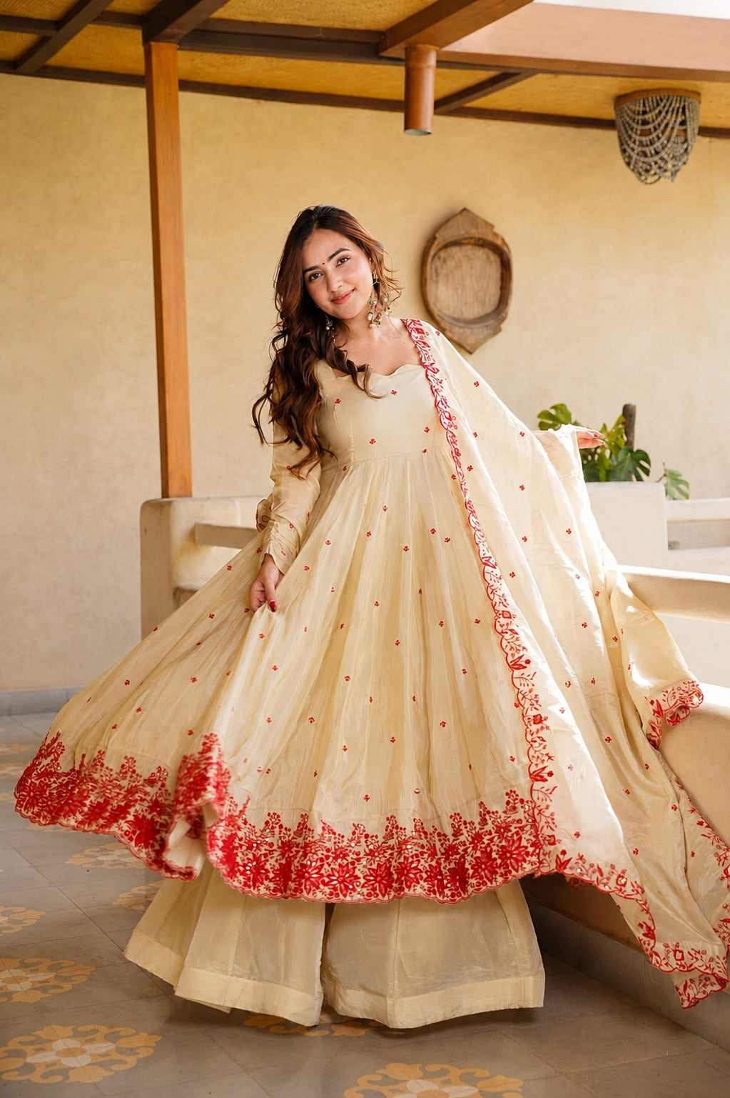 Women’s Cream Silk Embroidered Anarkali Suit Set with Dupatta & Palazzo