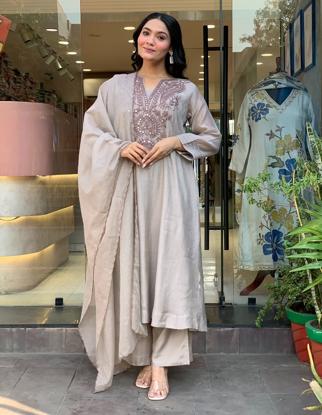 Gery Embroidered Silk Anarkali Kurta With Dupatta Set For Women