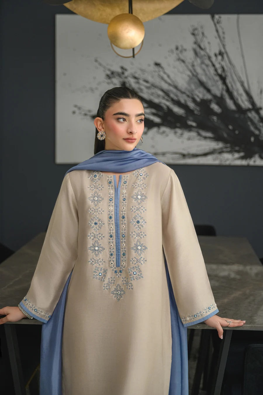 Grey Embroidered Straight Kurta Suit Set for Women