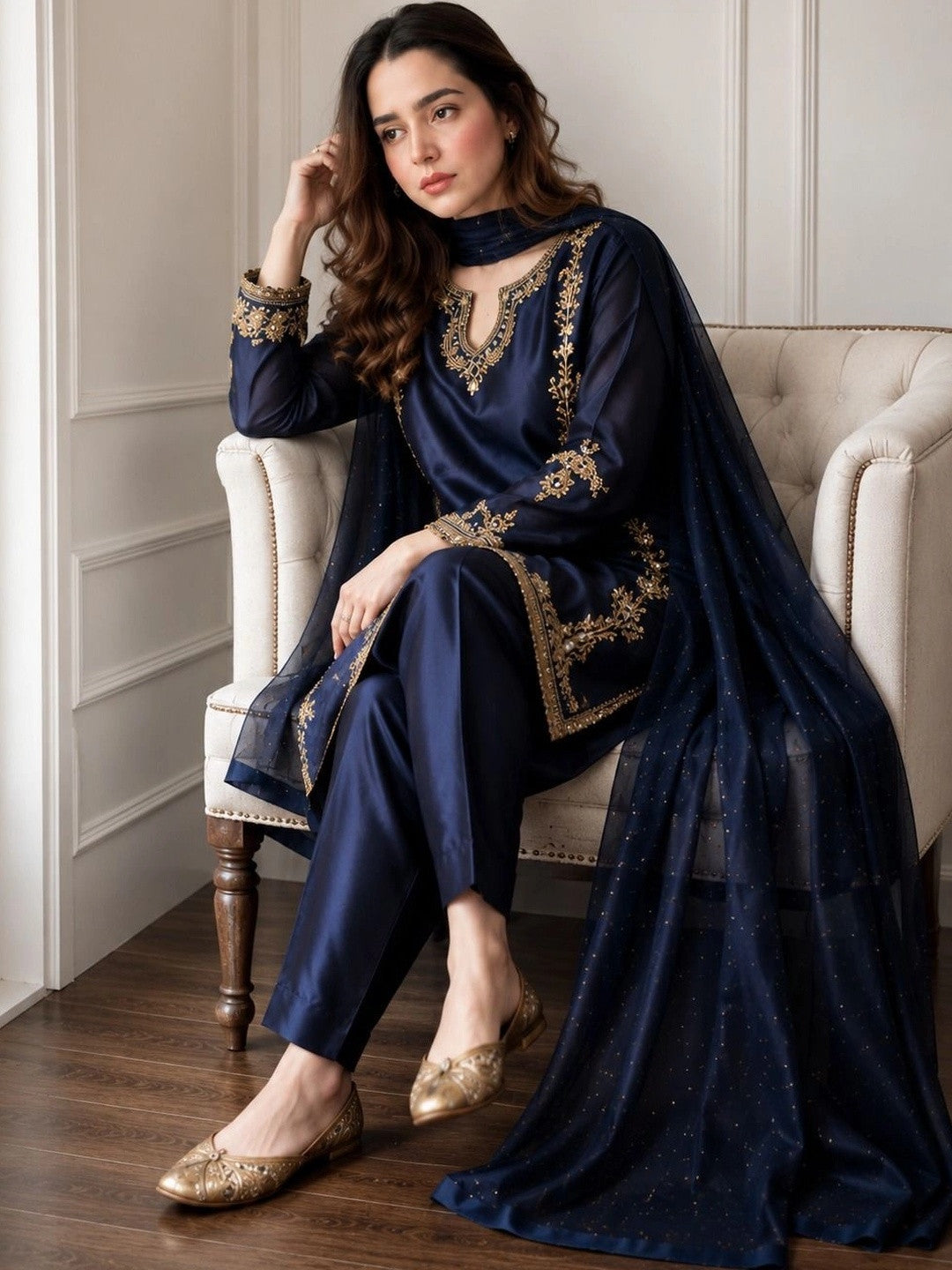 Women’s Navy Blue Silk Embroidered Straight Kurta Set with Palazzo & Dupatta