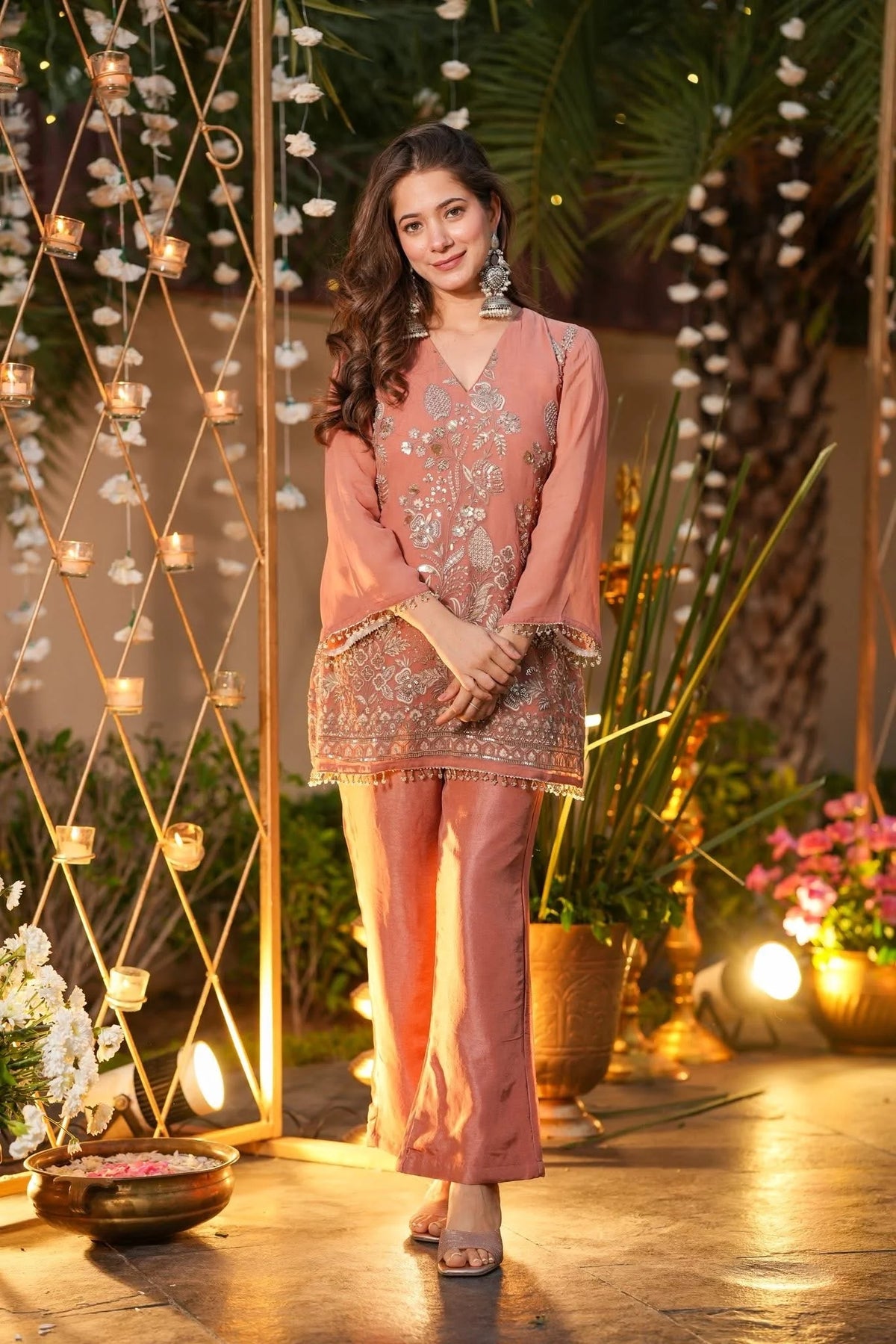 Peach Embroidered Art Silk Kurta with Pant