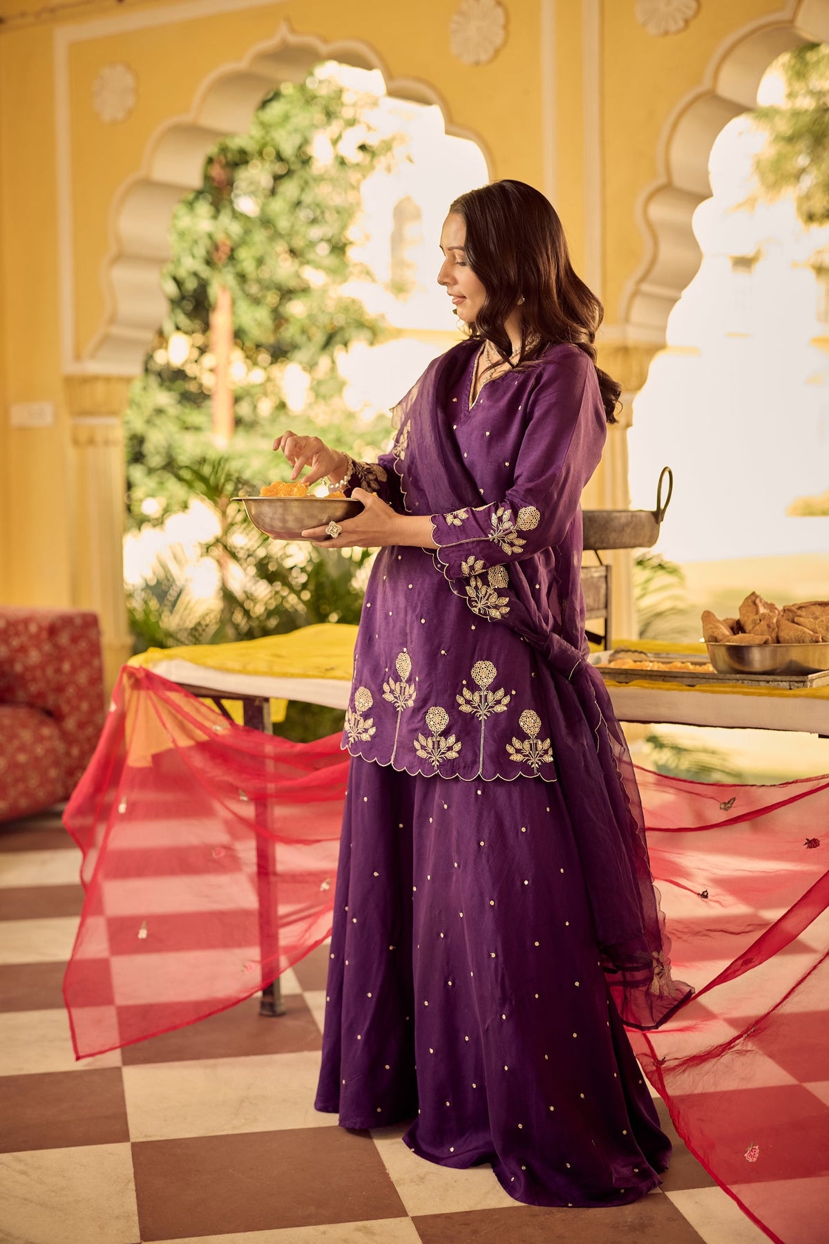Gulabo Wine Embroidered Peplum Sharara Set with Dupatta for Women
