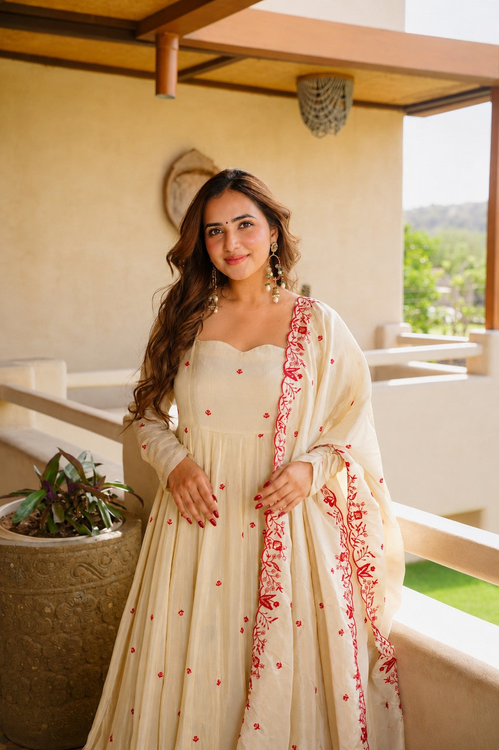 Women’s Cream Silk Embroidered Anarkali Suit Set with Dupatta & Palazzo