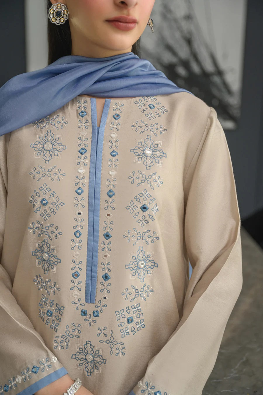 Grey Embroidered Straight Kurta Suit Set for Women