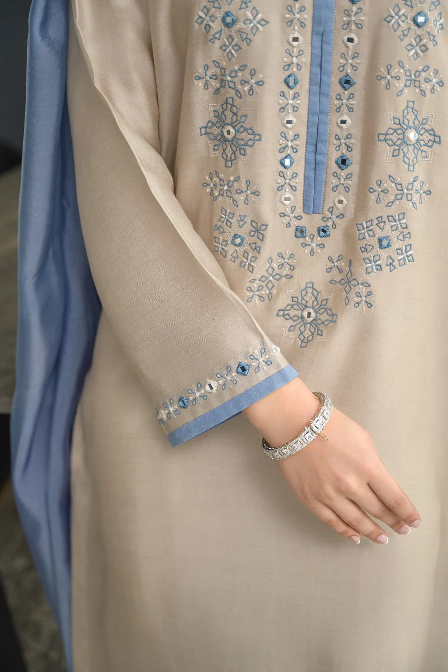 Grey Embroidered Straight Kurta Suit Set for Women