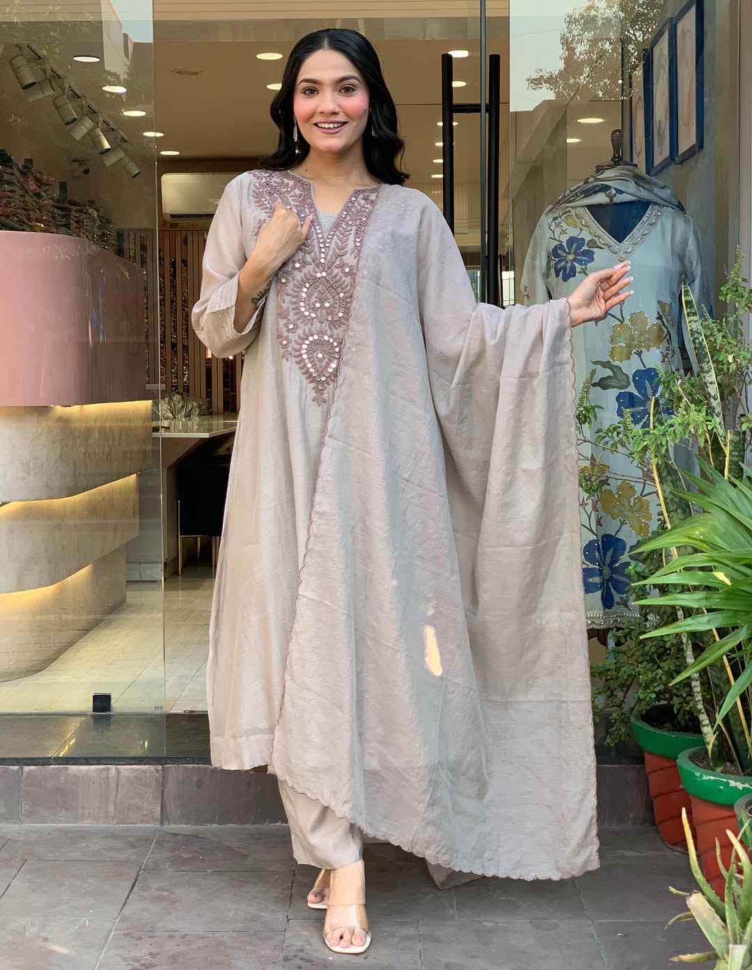 Gery Embroidered Silk Anarkali Kurta With Dupatta Set For Women
