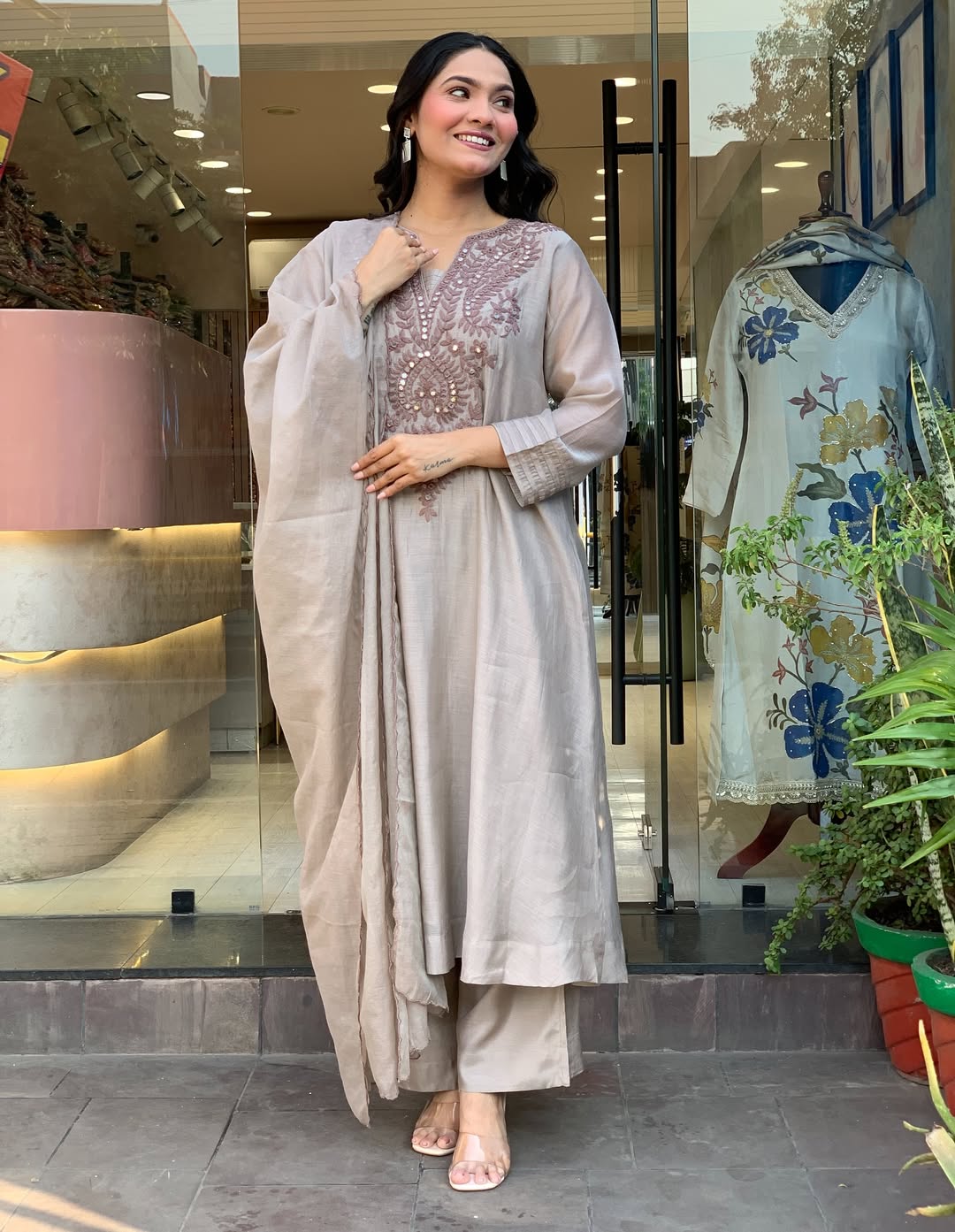 Gery Embroidered Silk Anarkali Kurta With Dupatta Set For Women