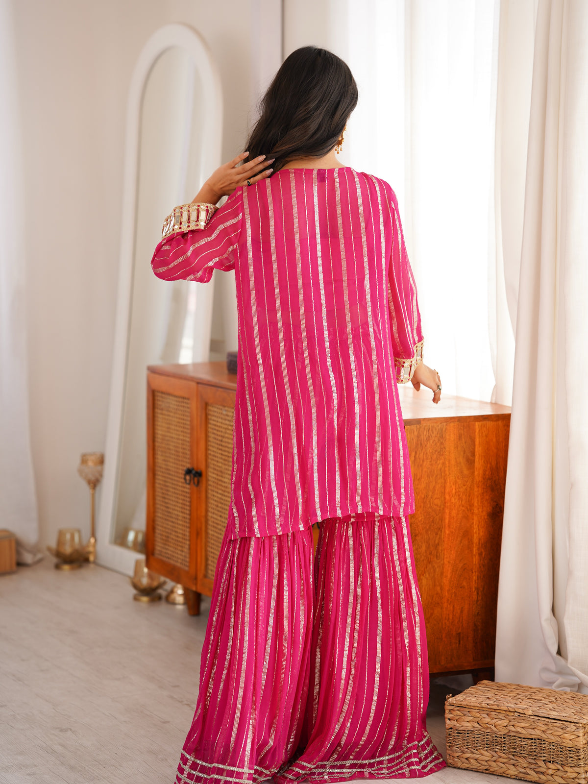 Women's Rani Pink Embroidered Georgette Straight Kurta With Sharara & Dupatta