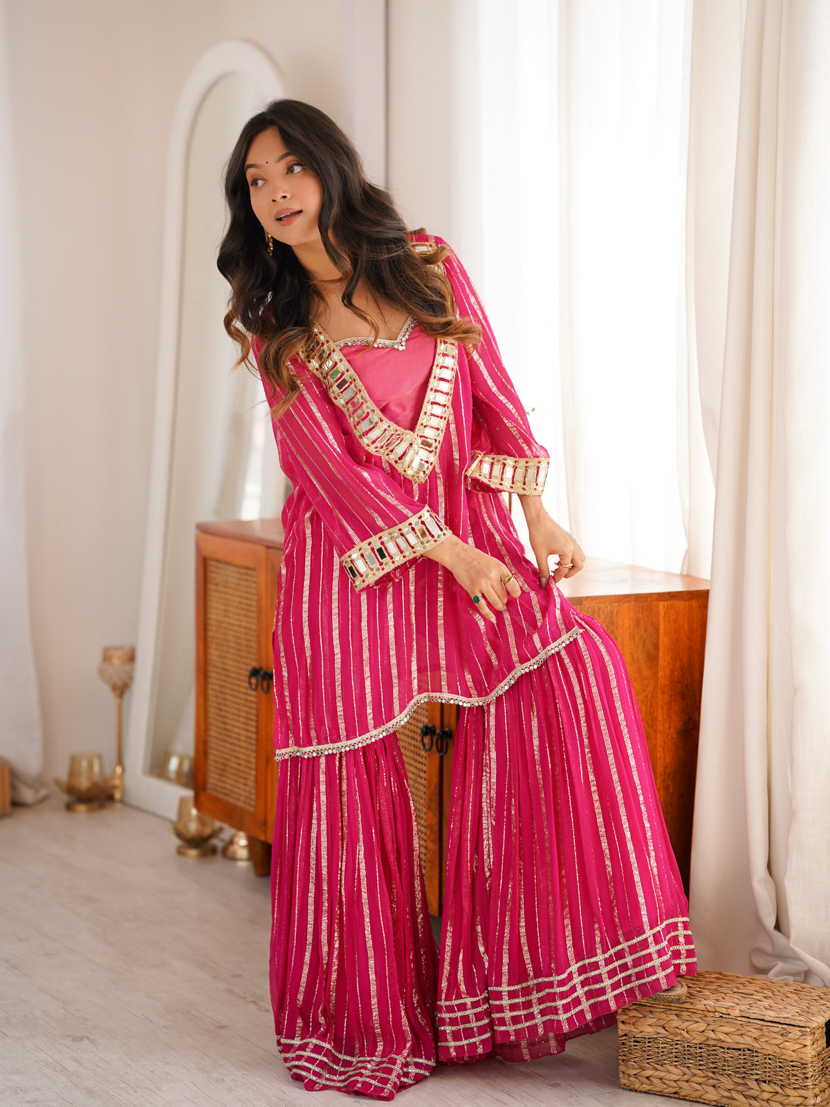 Women's Rani Pink Embroidered Georgette Straight Kurta With Sharara & Dupatta