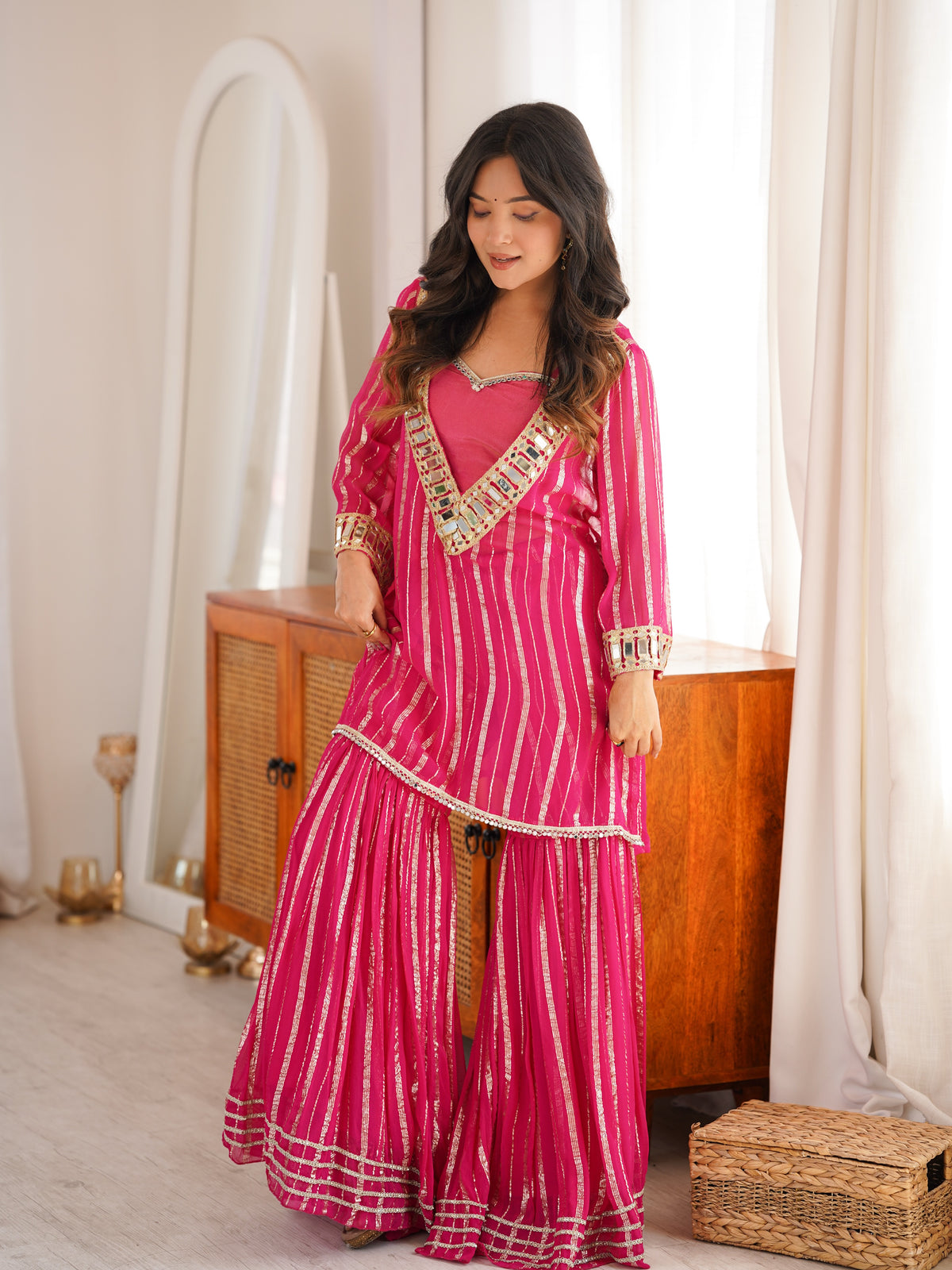 Women's Rani Pink Embroidered Georgette Straight Kurta With Sharara & Dupatta