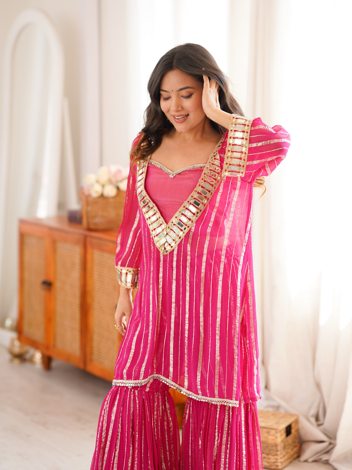 Women's Rani Pink Embroidered Georgette Straight Kurta With Sharara & Dupatta