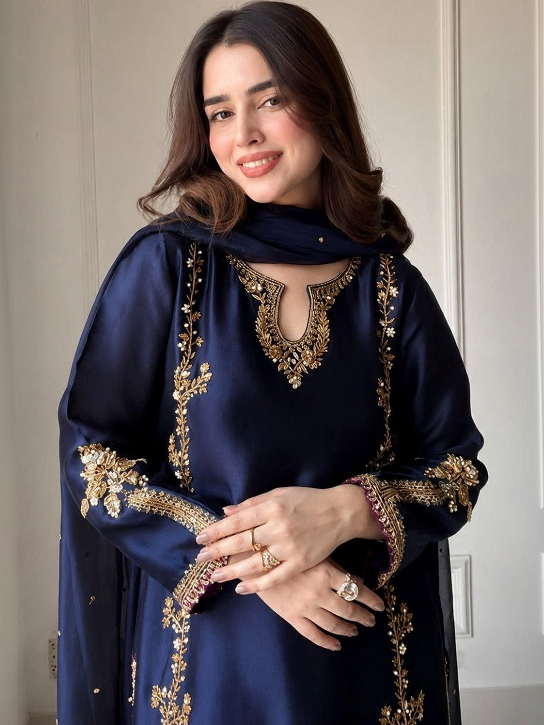 Women’s Navy Blue Silk Embroidered Straight Kurta Set with Palazzo & Dupatta