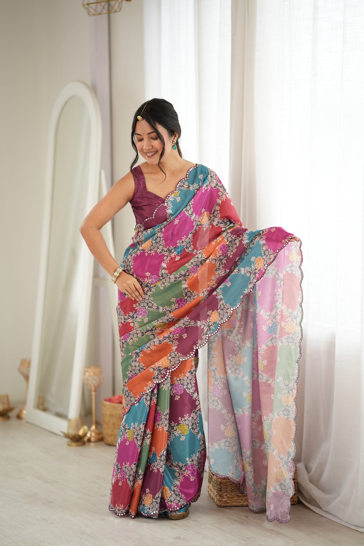 Multicolor Premium Heavy Chinon Silk Designer Saree for Women