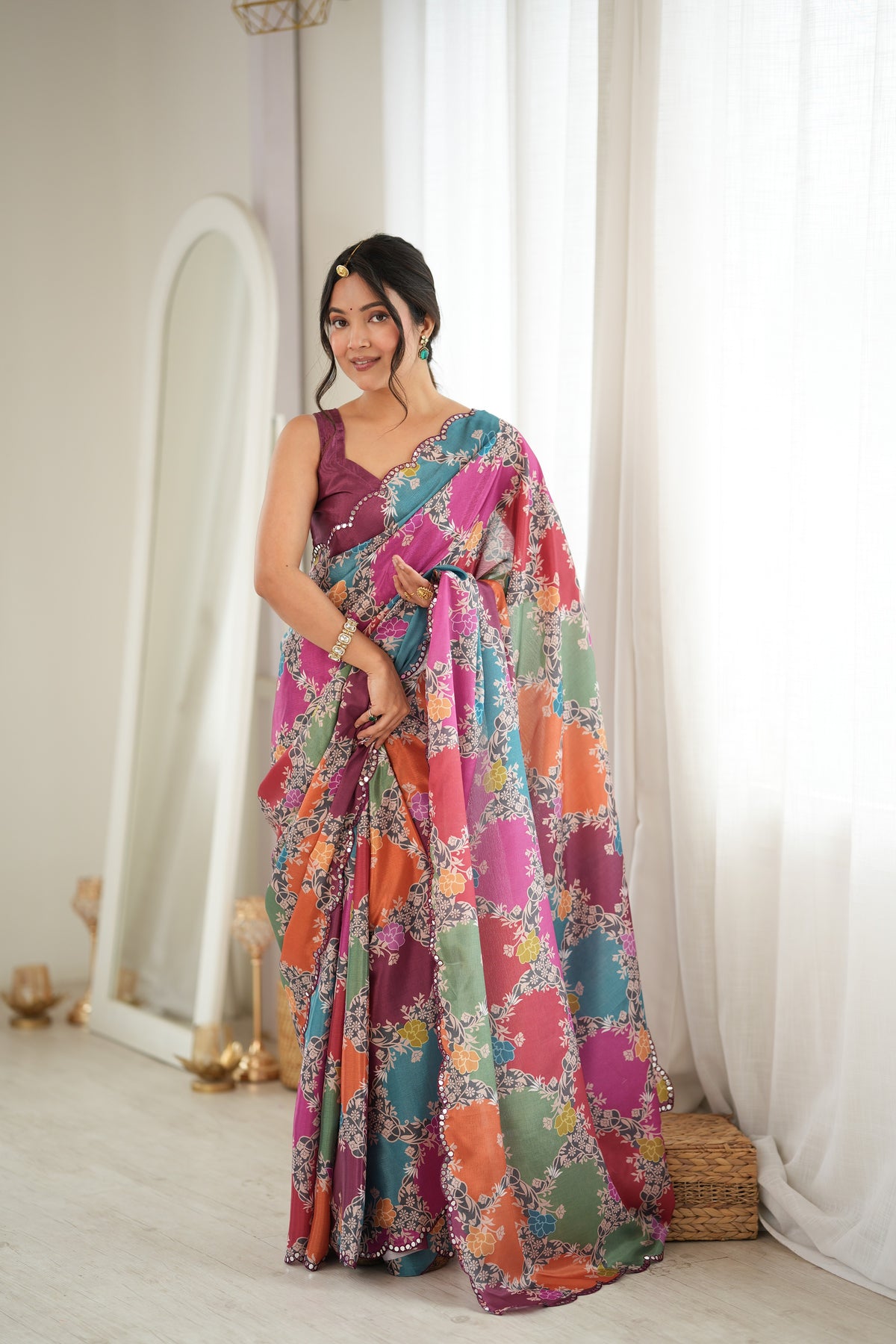 Multicolor Premium Heavy Chinon Silk Designer Saree for Women
