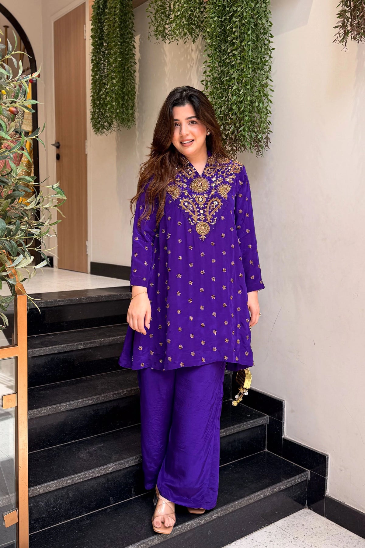Women's Purple Embroidered Floral Art Silk Ethnic Kurta Set with Pants