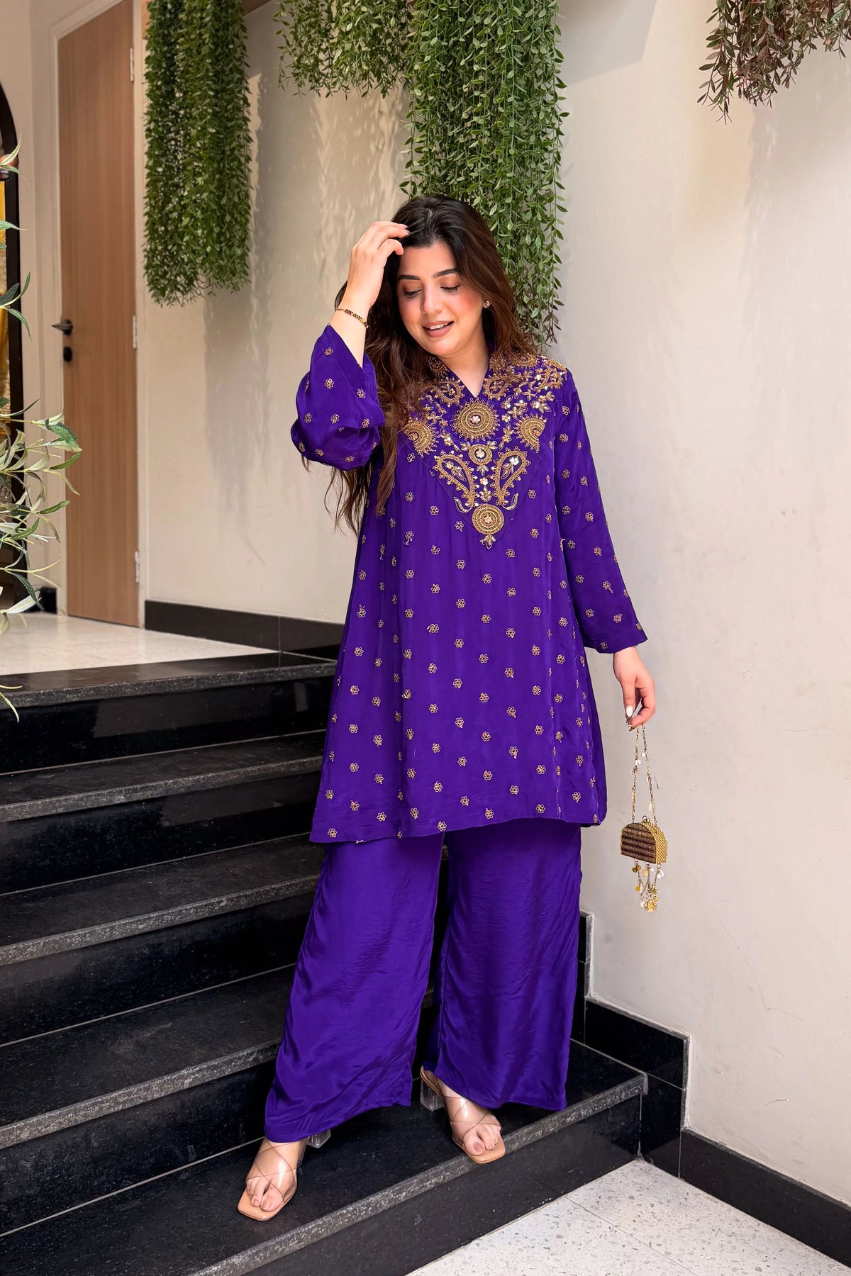 Women's Purple Embroidered Floral Art Silk Ethnic Kurta Set with Pants