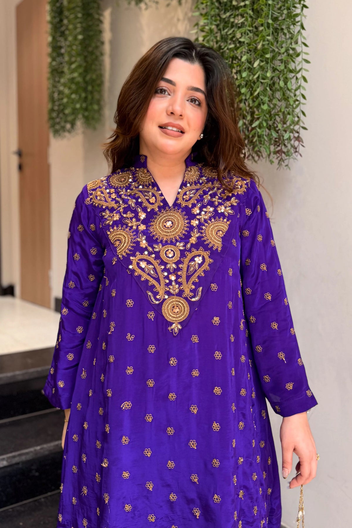 Women's Purple Embroidered Floral Art Silk Ethnic Kurta Set with Pants