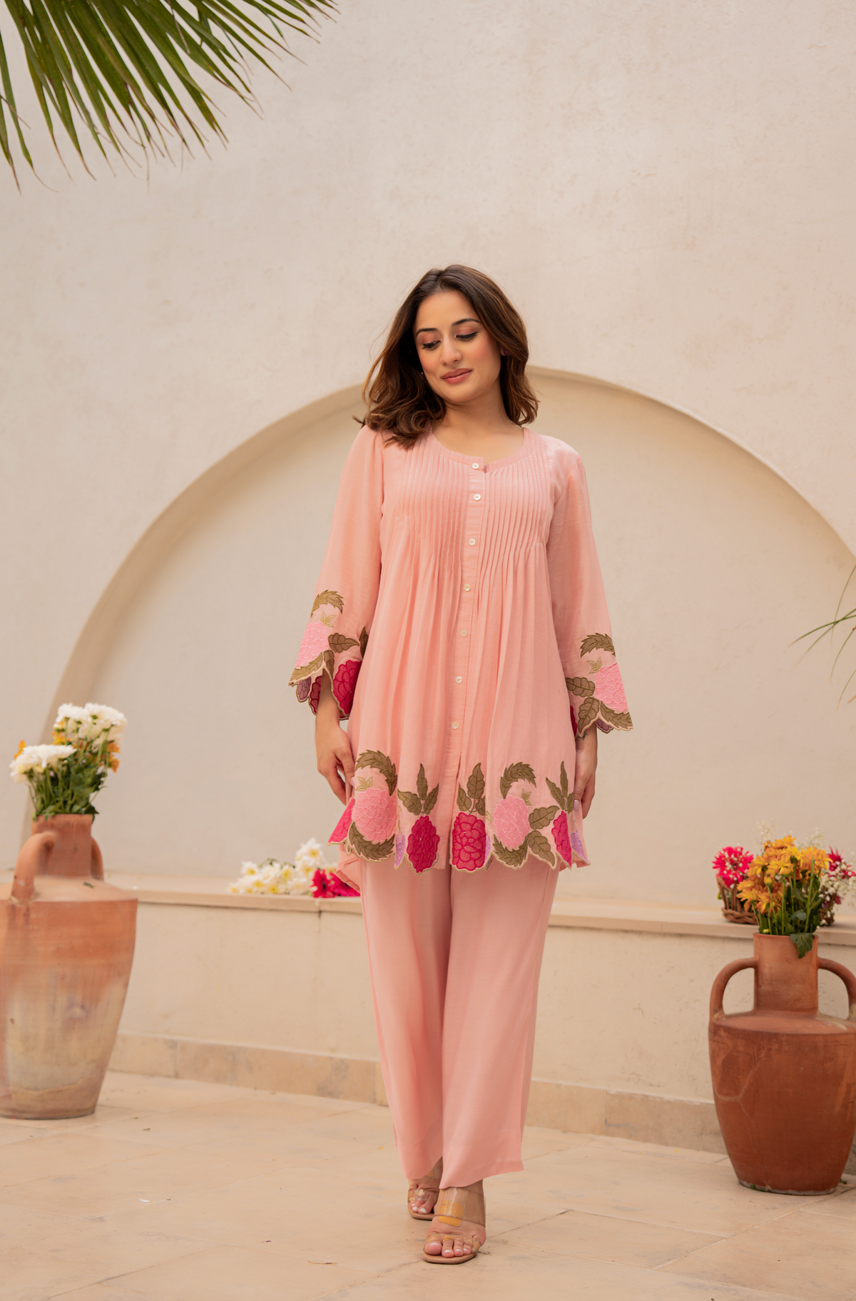 Peach Embroidered Short Kurta Suit Set for Women