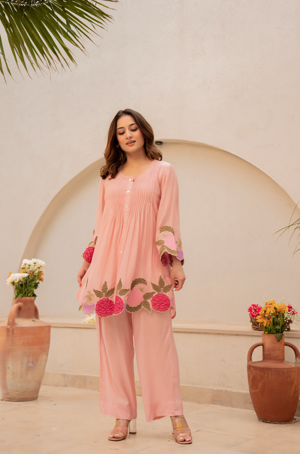 Peach Embroidered Short Kurta Suit Set for Women