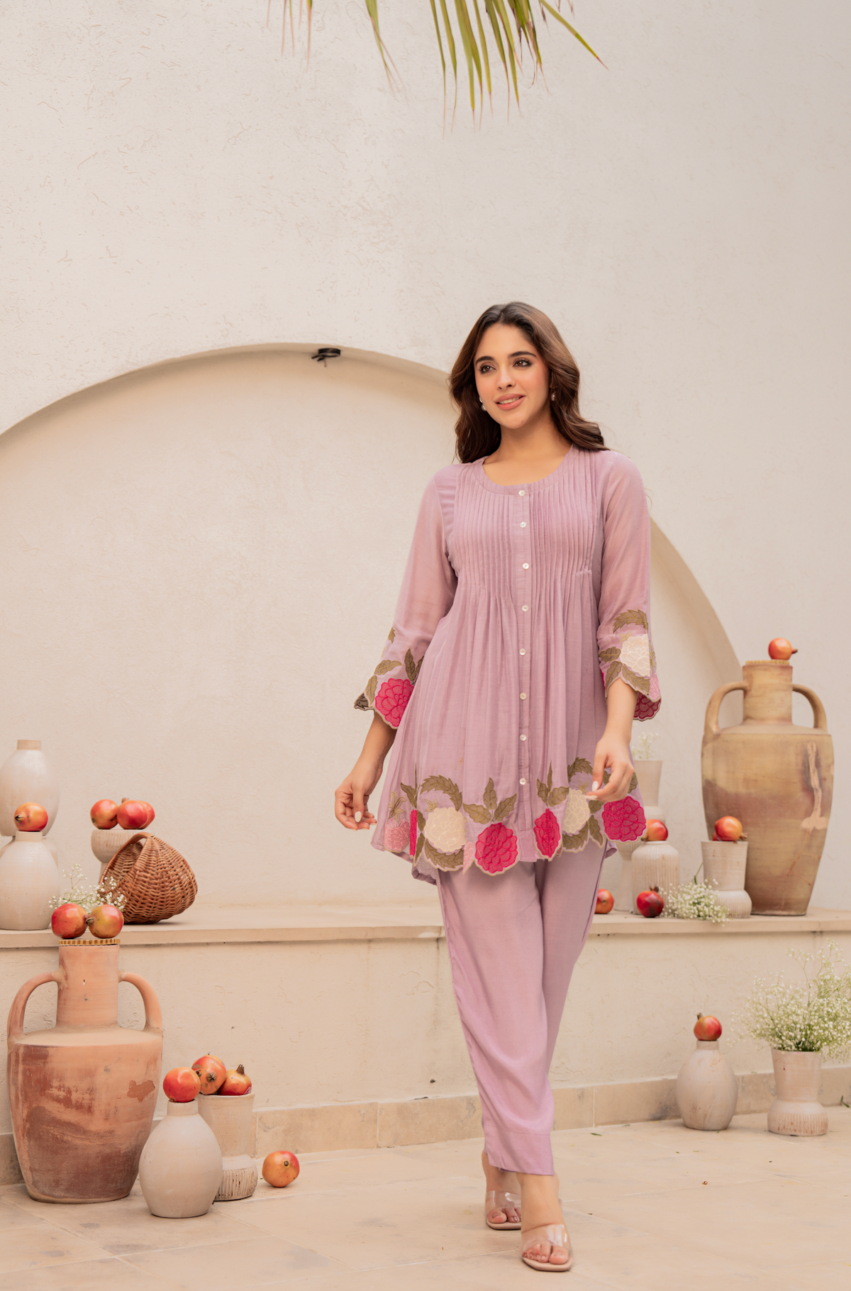 lavender Embroidered Short Kurta Suit Set for Women