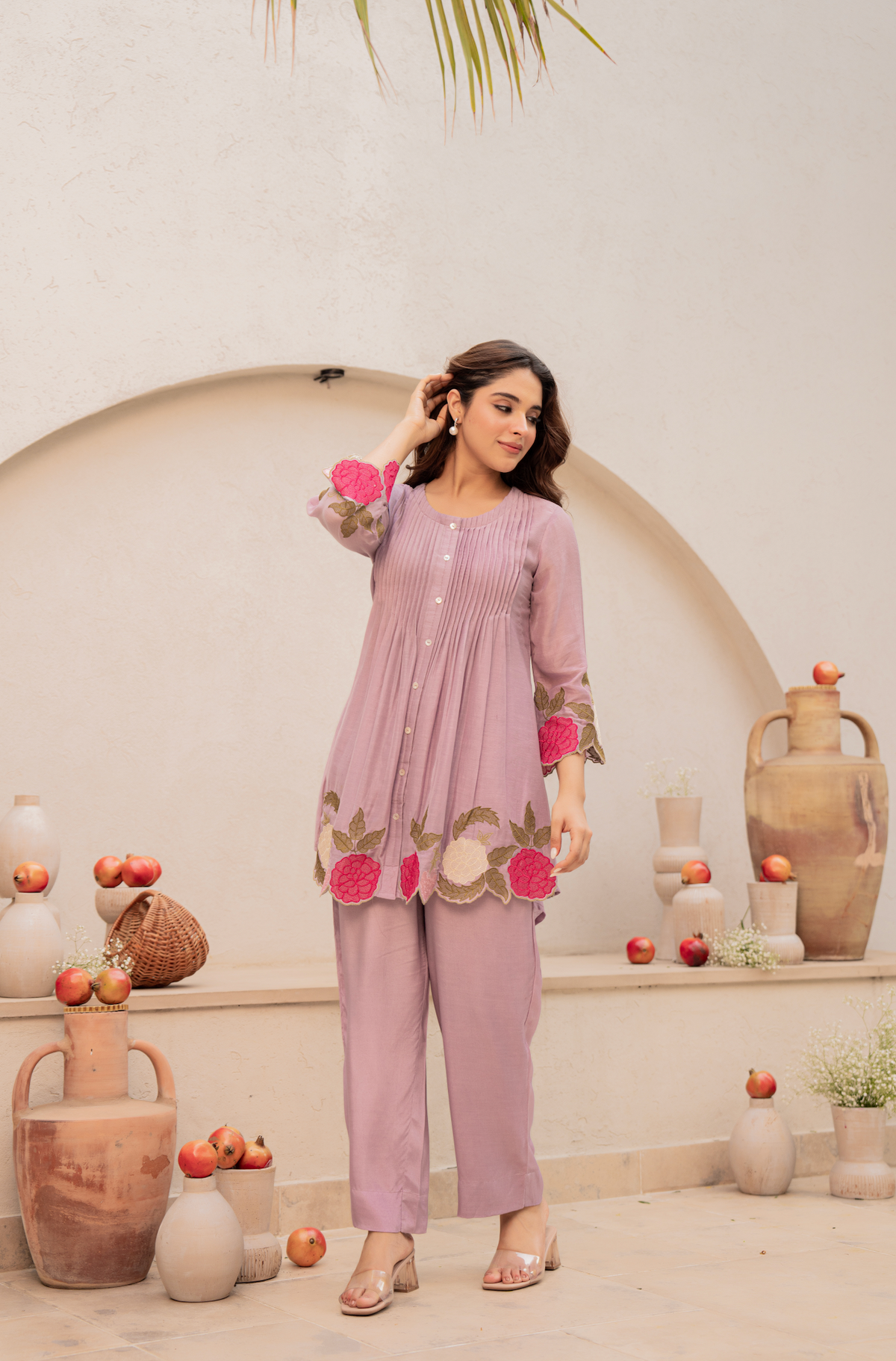 lavender Embroidered Short Kurta Suit Set for Women