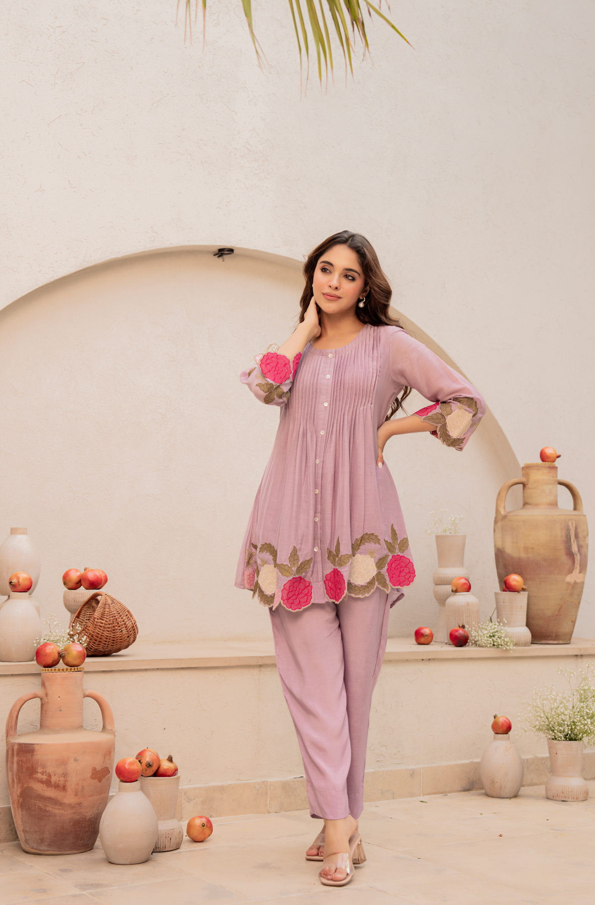 lavender Embroidered Short Kurta Suit Set for Women