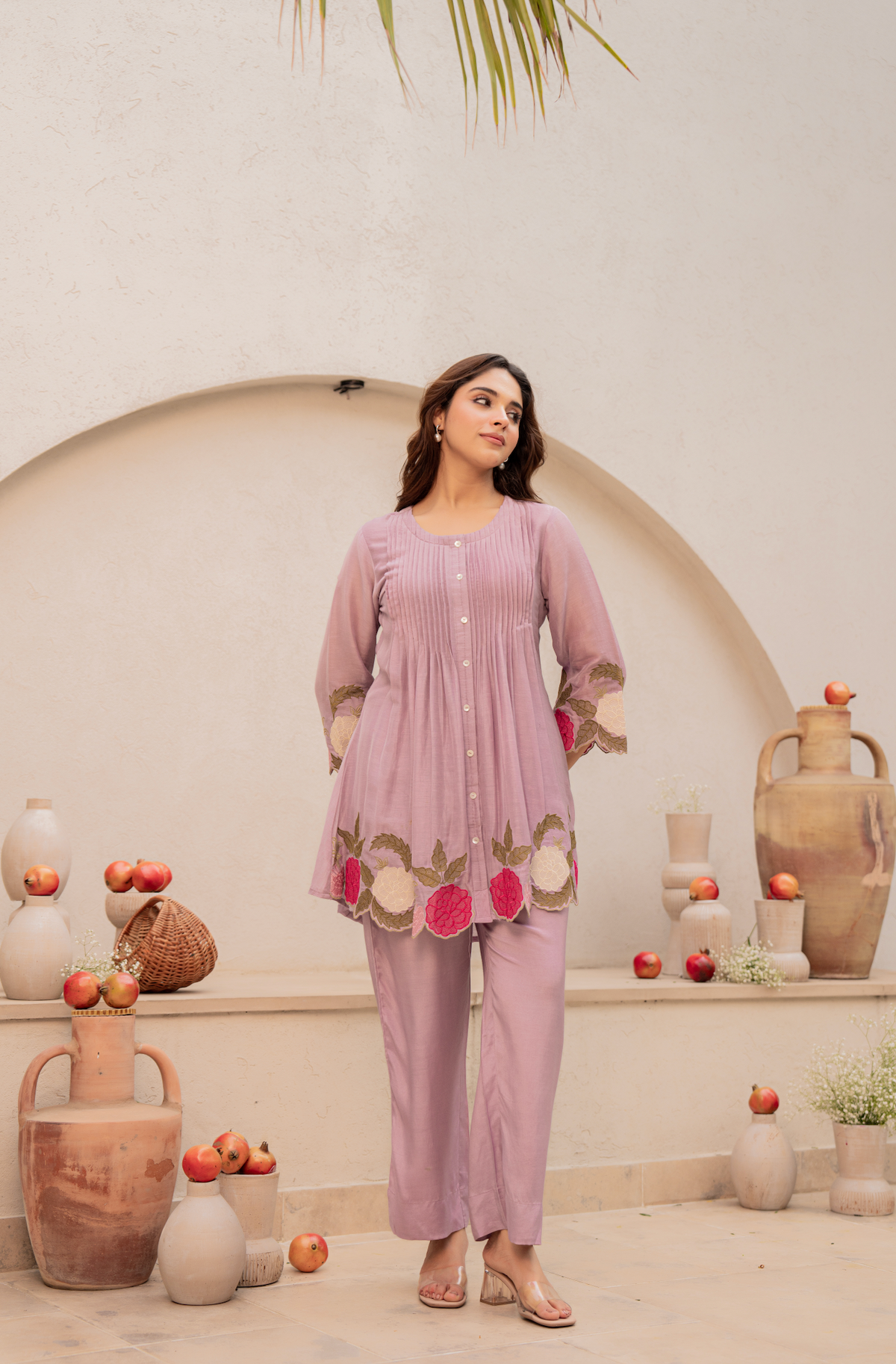 lavender Embroidered Short Kurta Suit Set for Women