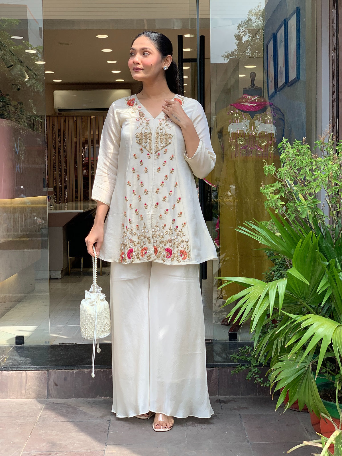 Off White Embroidered Short Kurta Suit Set for Women