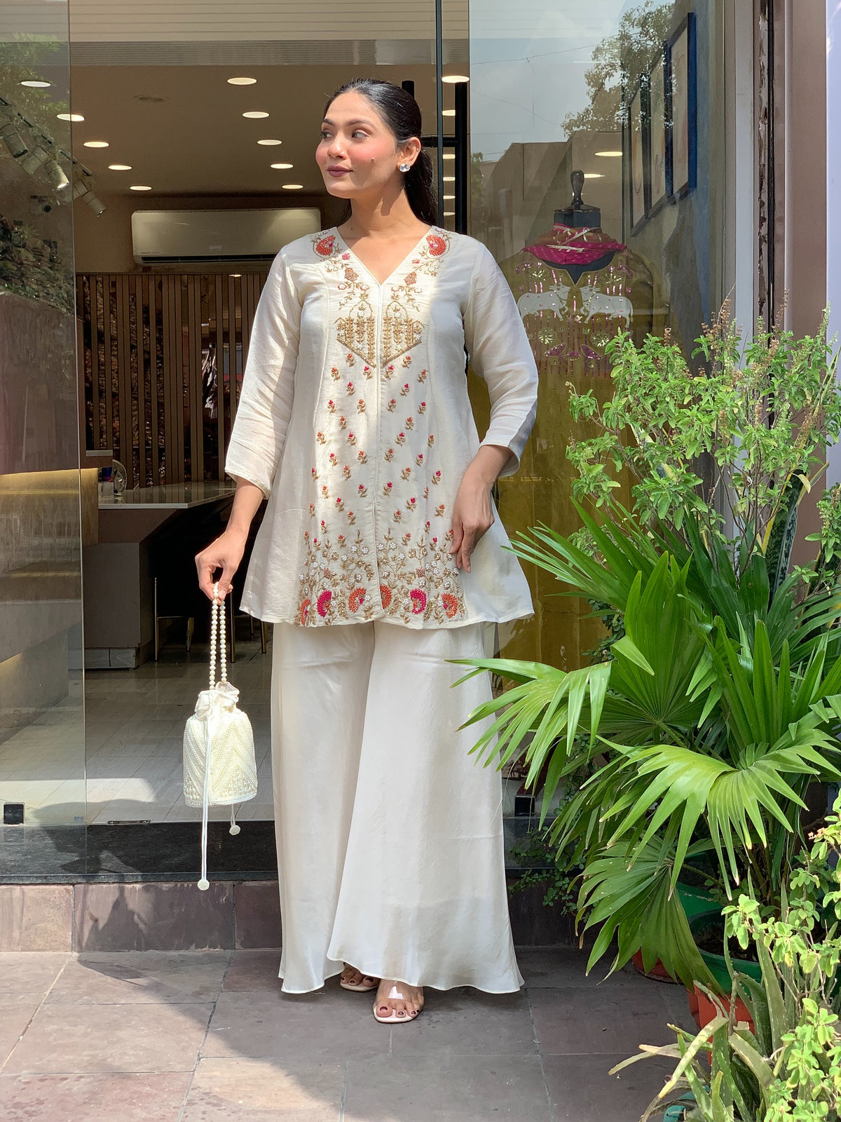 Off White Embroidered Short Kurta Suit Set for Women