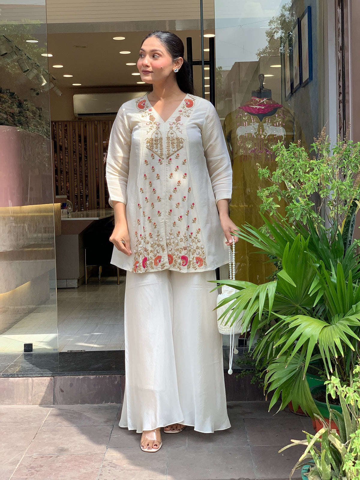 Off White Embroidered Short Kurta Suit Set for Women