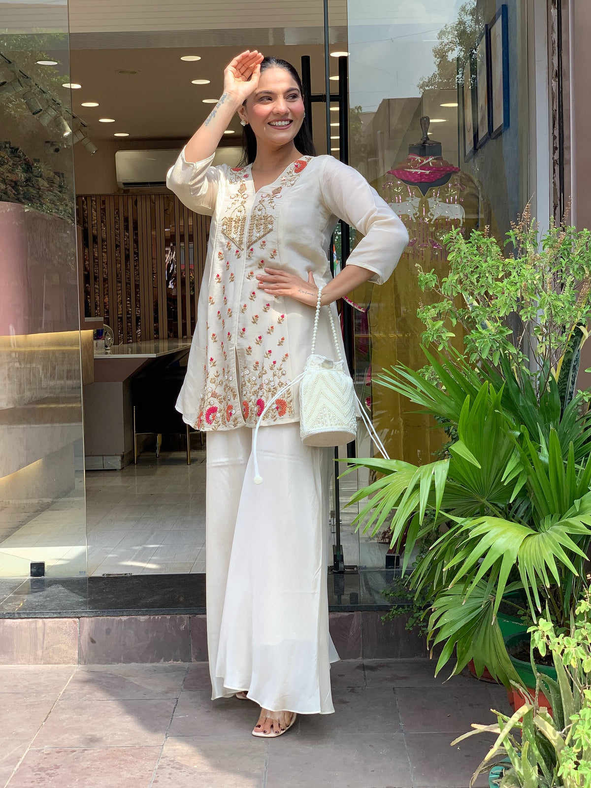 Off White Embroidered Short Kurta Suit Set for Women