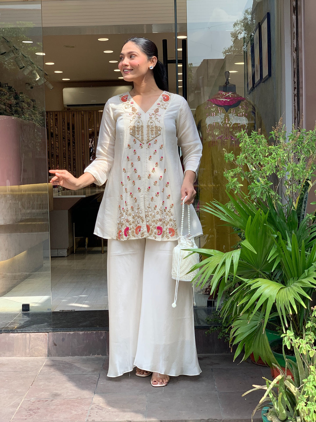 Off White Embroidered Short Kurta Suit Set for Women