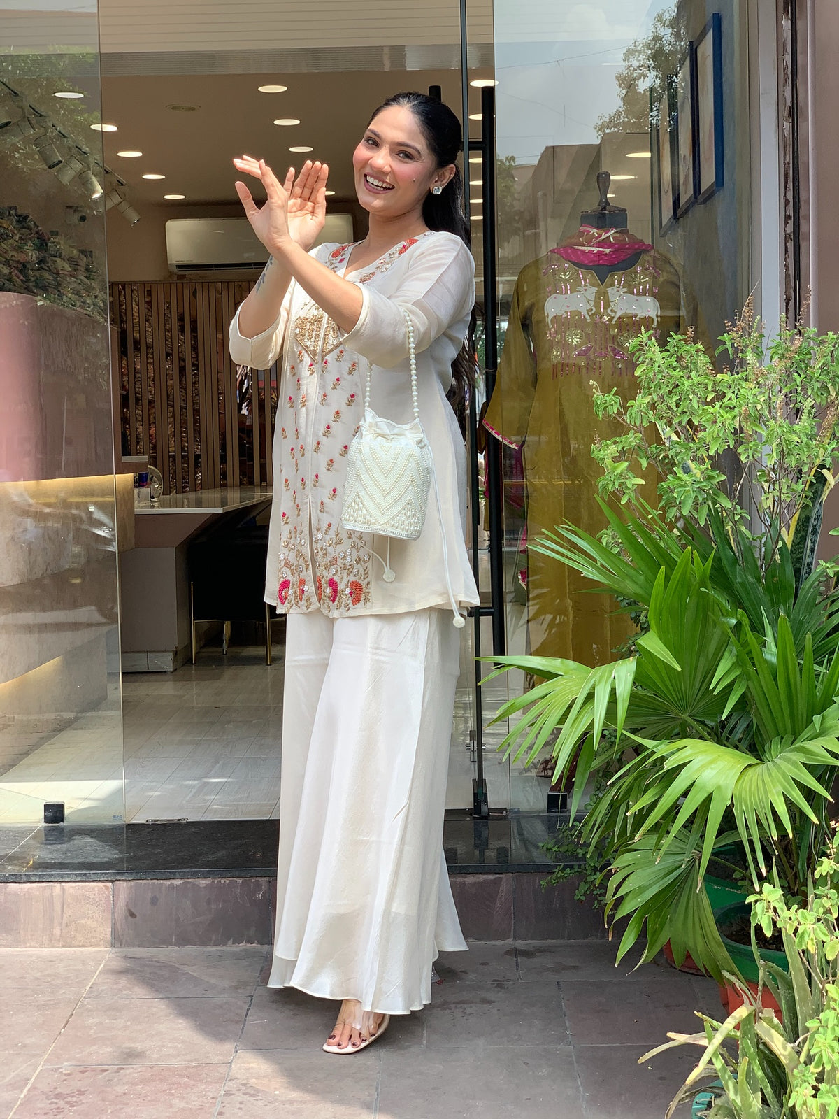 Off White Embroidered Short Kurta Suit Set for Women