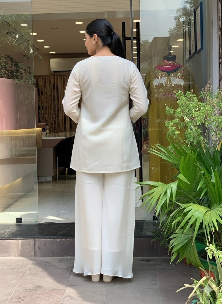 Off White Embroidered Short Kurta Suit Set for Women