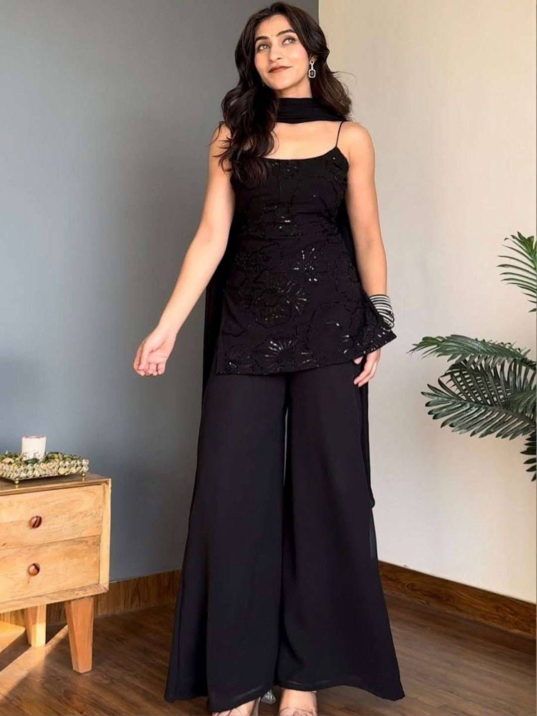 Black Georgette Sequinned Kurta with Palazzos & Dupatta Set
