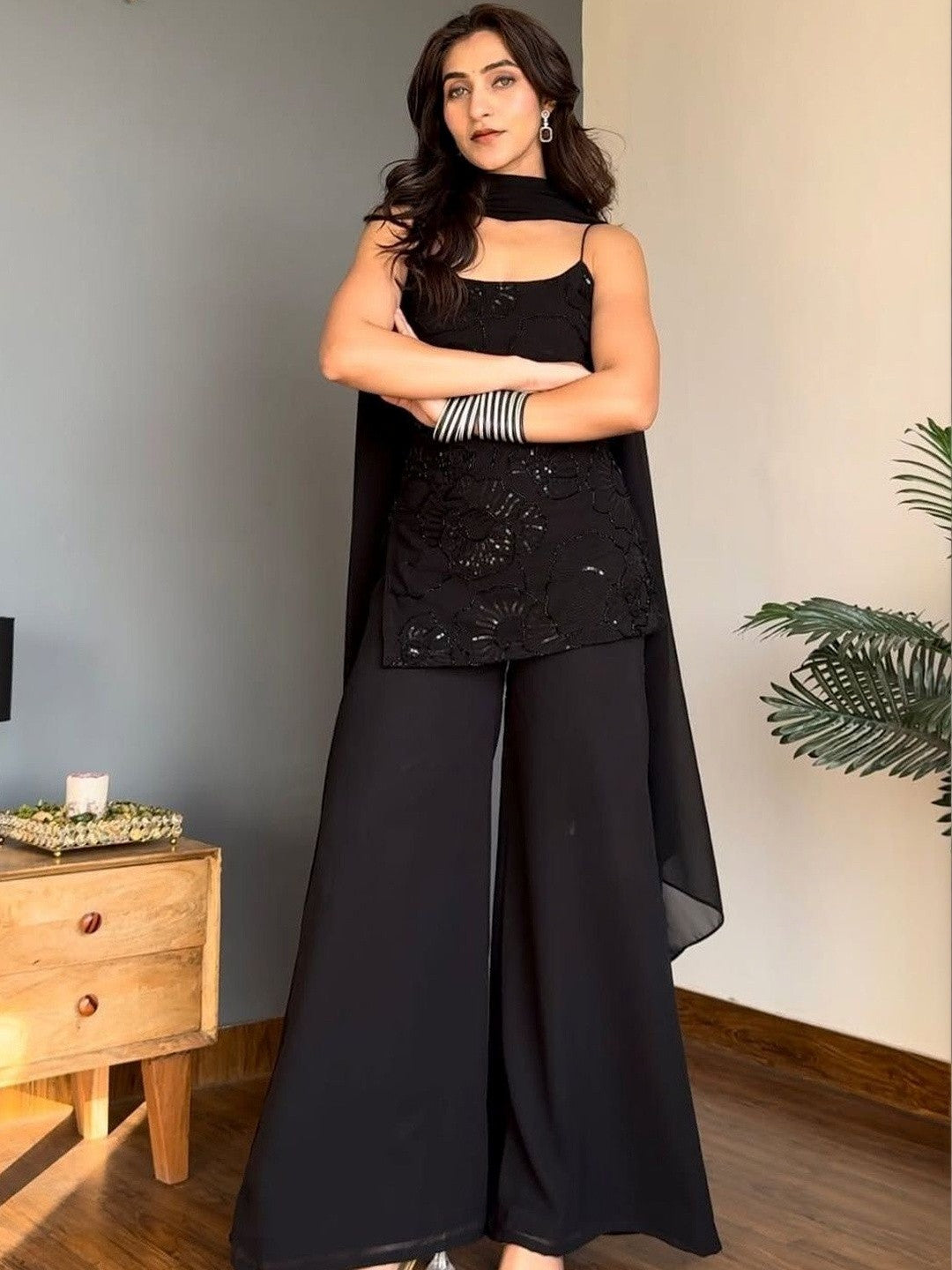 Black Georgette Sequinned Kurta with Palazzos & Dupatta Set