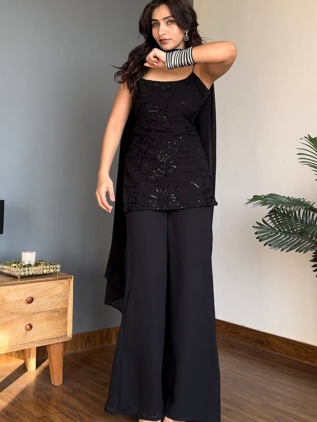 Black Georgette Sequinned Kurta with Palazzos & Dupatta Set