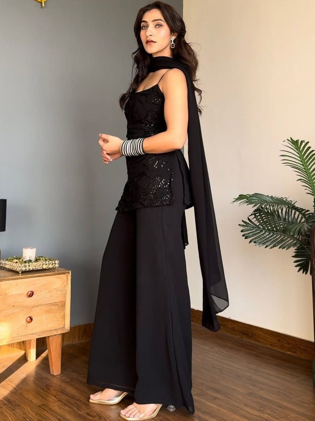 Black Georgette Sequinned Kurta with Palazzos & Dupatta Set