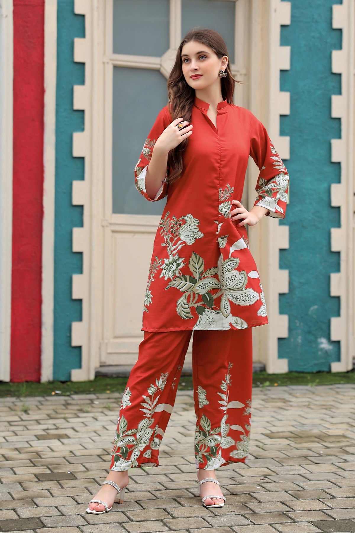 Red Floral Printed Kurta Pant Co-Ord Set
