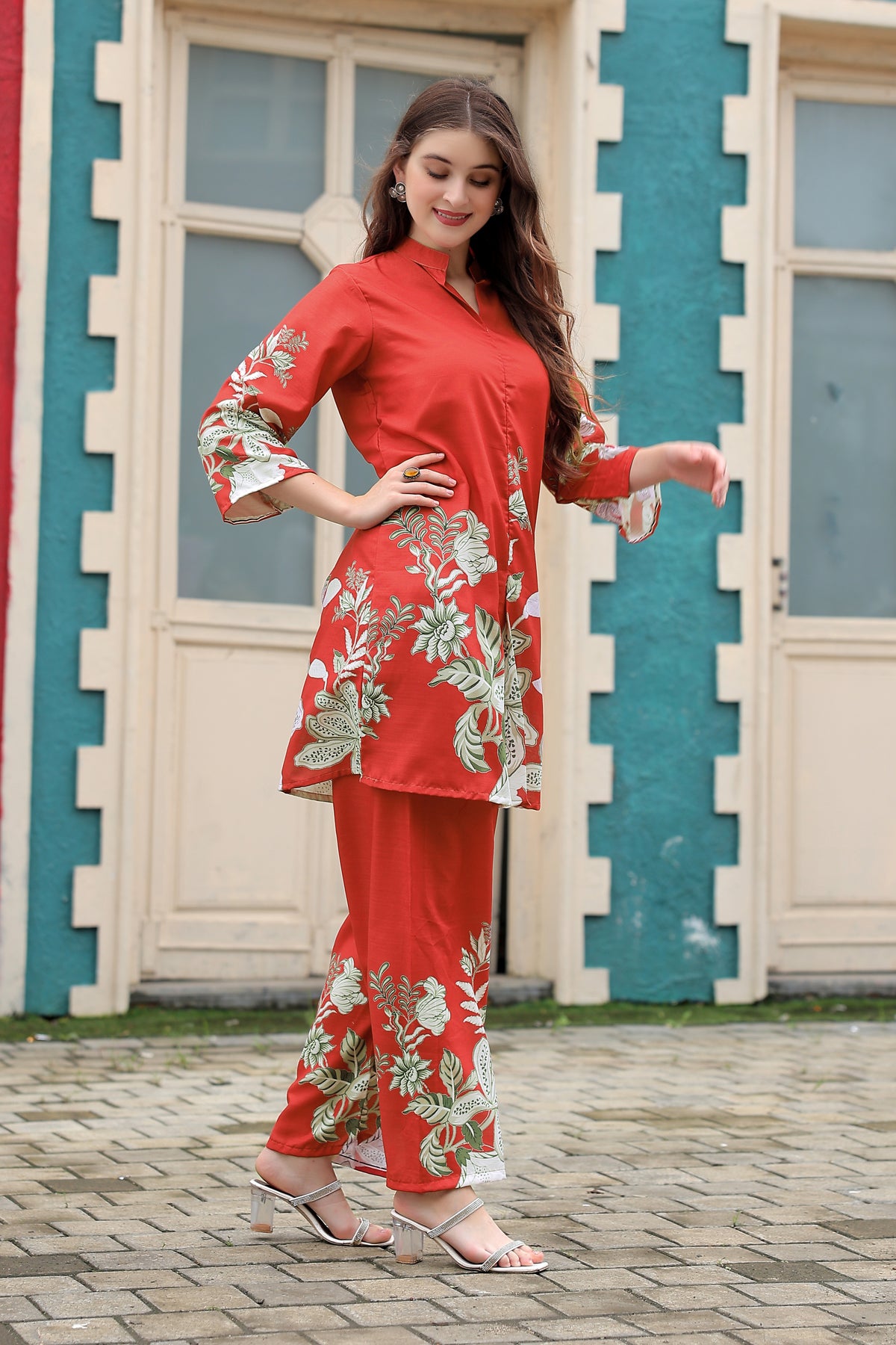 Red Floral Printed Kurta Pant Co-Ord Set