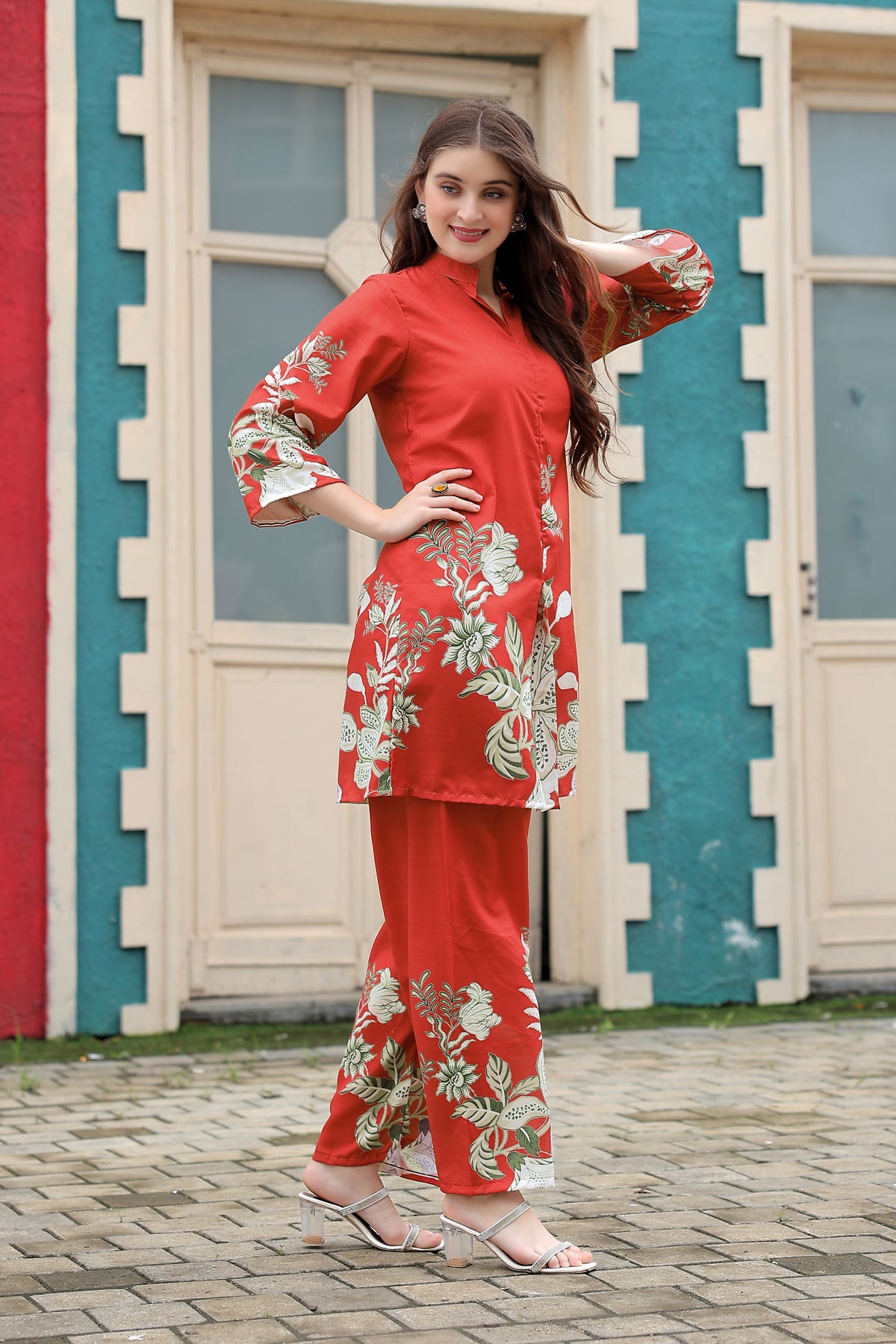 Red Floral Printed Kurta Pant Co-Ord Set