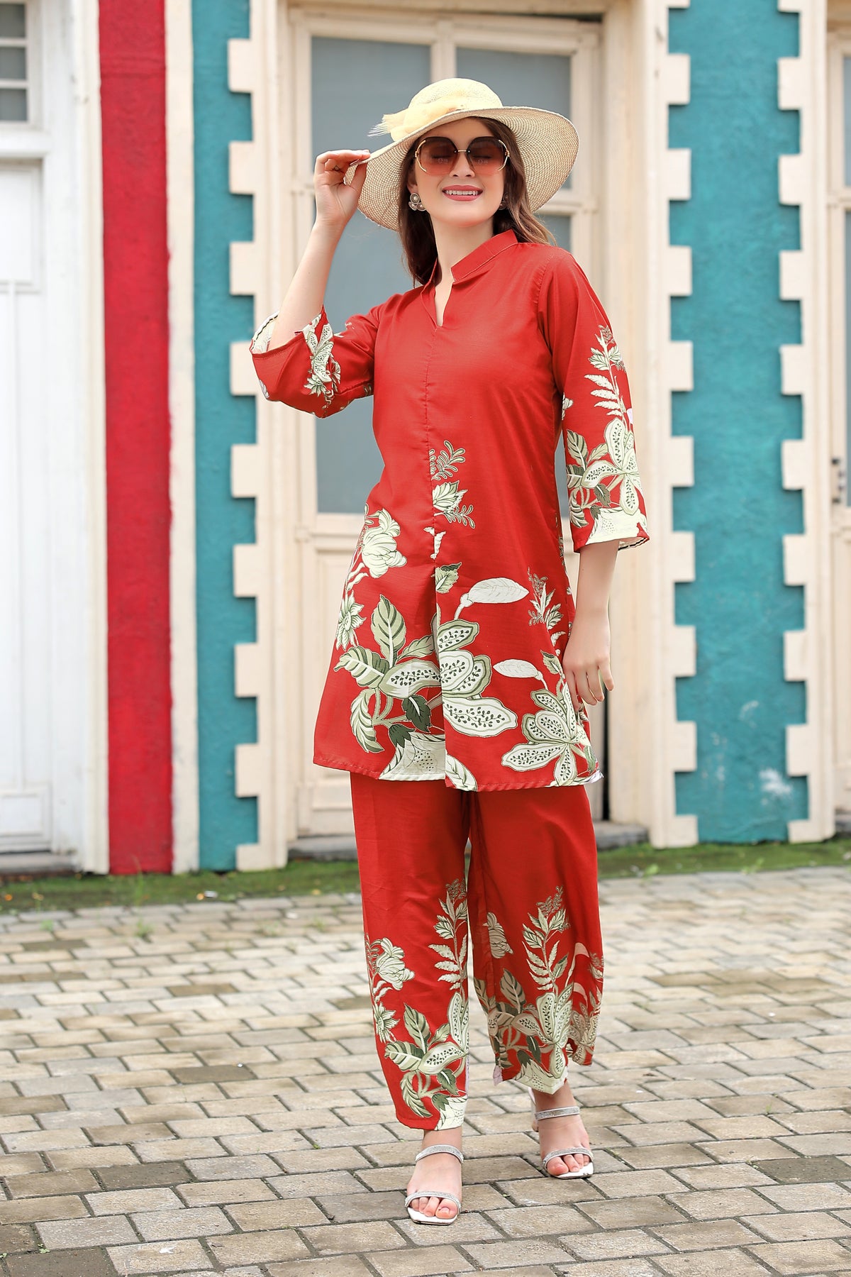 Red Floral Printed Kurta Pant Co-Ord Set