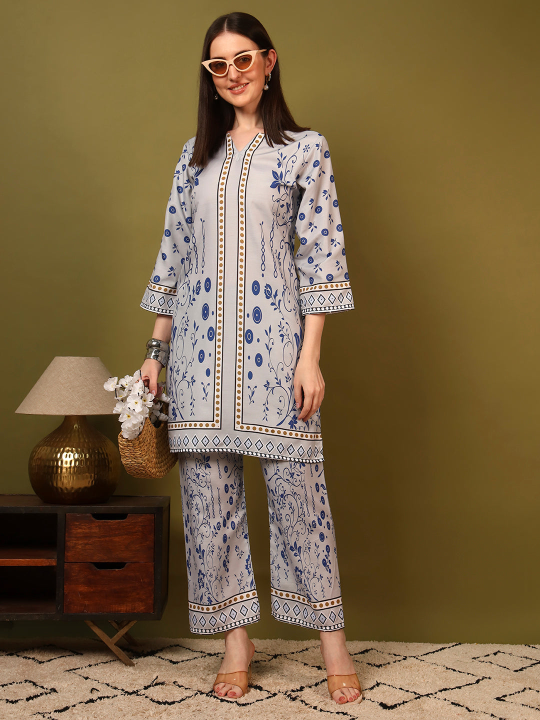 Grey White Floral Printed Co-Ord Set