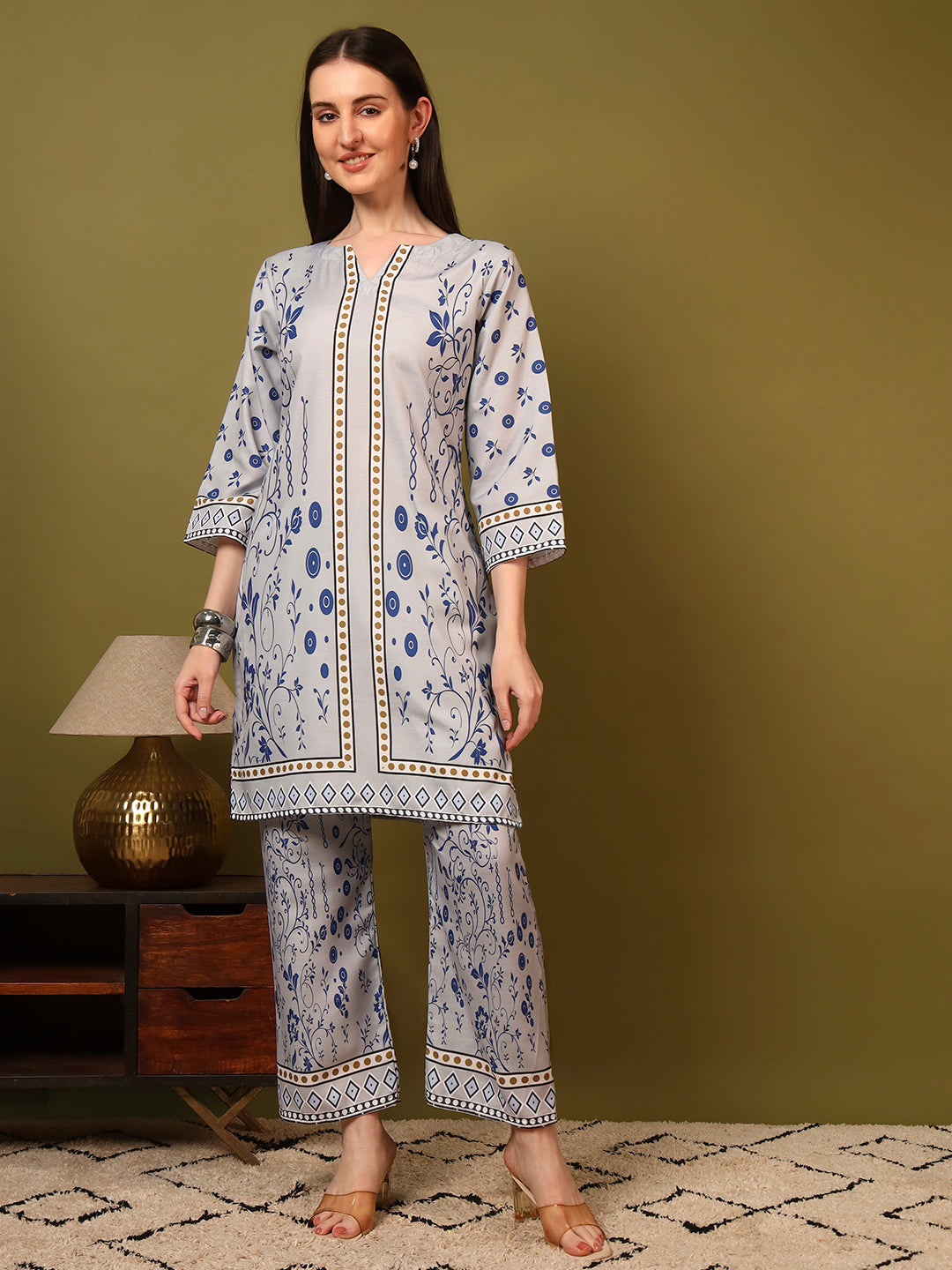Grey White Floral Printed Co-Ord Set