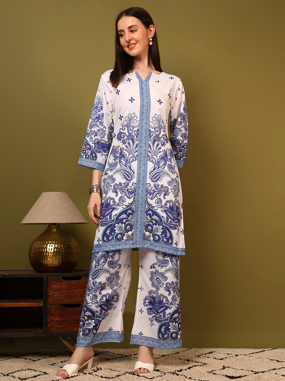 Blue White Floral Printed Co-Ord Set